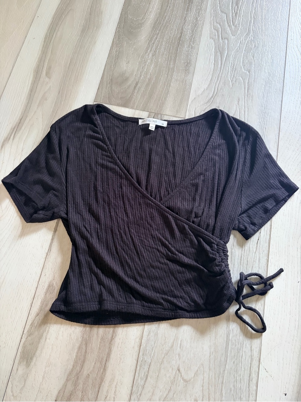 Black Ribbed Wrap Crop Top with Side Tie